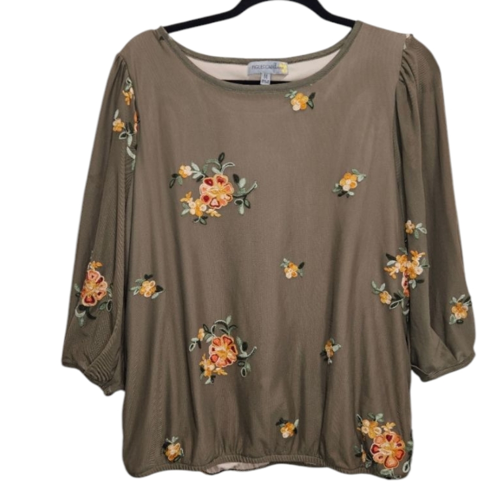 Figueroa & Flower Blouse Womens Medium Green Floral Embroidery Top Anthropologie